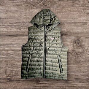 Guess Green Full Zip Hooded Light Puffer Vest Women Pockets 90s Atheleisure